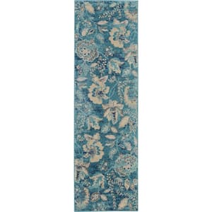 Tranquil Turquoise 2 ft. x 7 ft. Floral Modern Kitchen Runner Area Rug