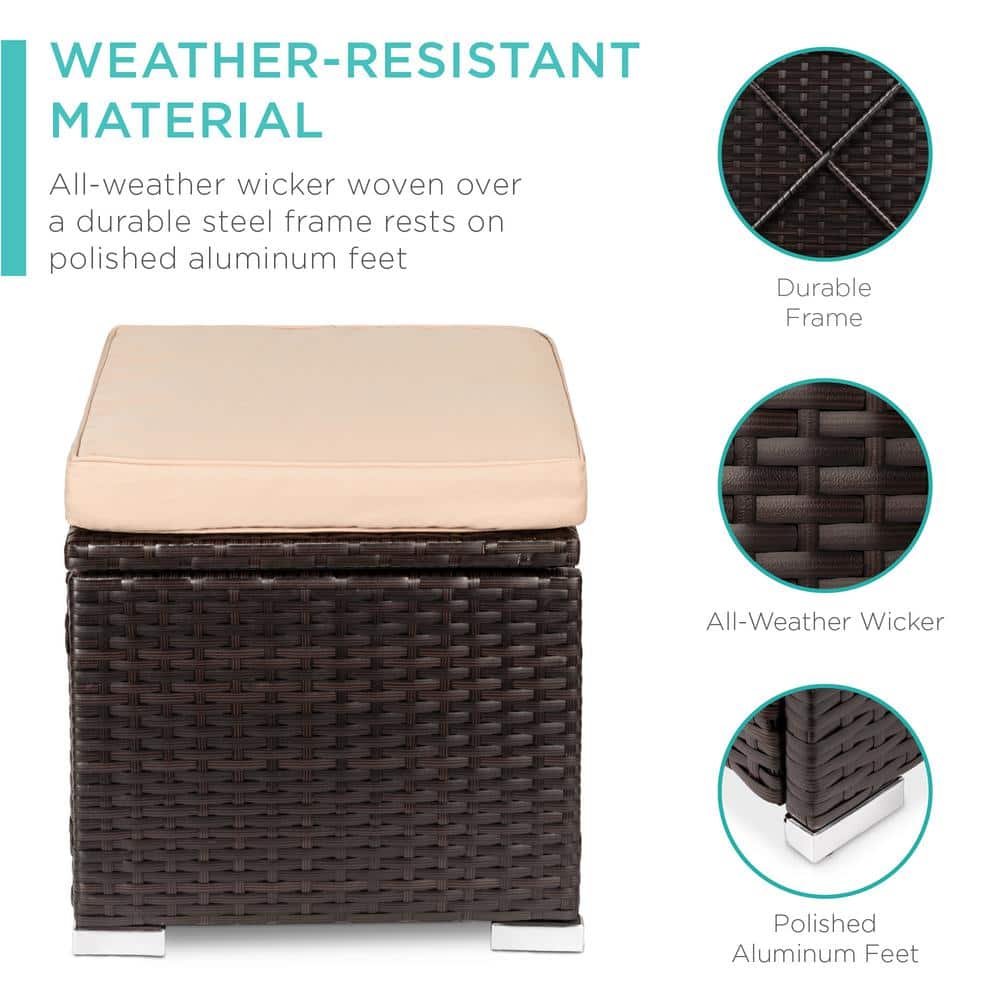 Brown Steel Frame Outdoor Wicker Ottomans with Beige Cushions