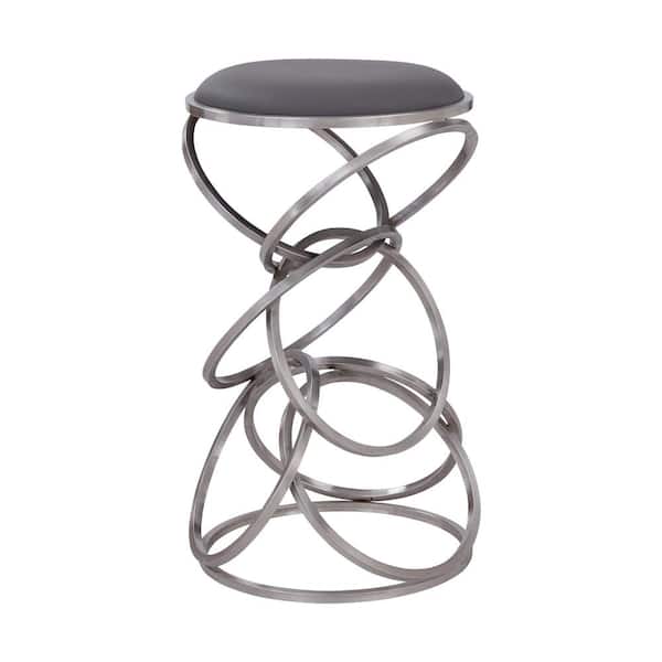 Armen Living Medley Contemporary 30 in. Bar Height Bar Stool in Brushed Stainless Steel and Grey Faux Leather