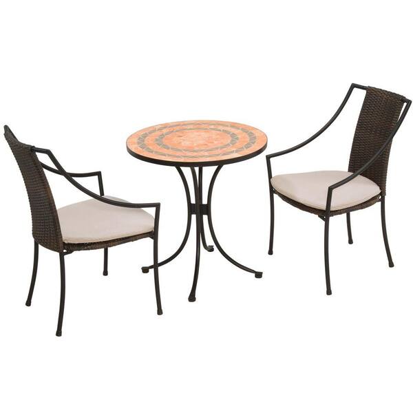 HOMESTYLES Terra Cotta 3-Piece Tile Top Patio Bistro Set with Taupe Cushions