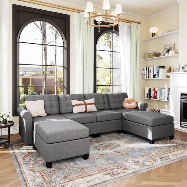 102.2 in. Modern Linen Sectional Sofa in Gray with double Ottoman