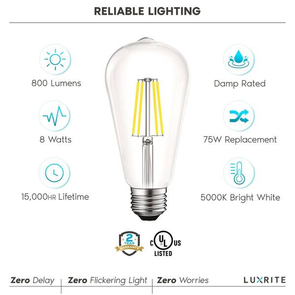 LUXRITE 75W Equivalent ST19 ST58 Dimmable Edison LED Light Bulbs