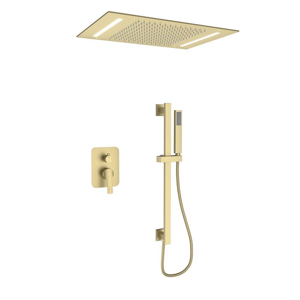 Single Handle 2-Spray Ceiling Mount 64-Color Mood Lighting Shower Faucet 2.5 GPM with Pressure Balance in Brushed Gold