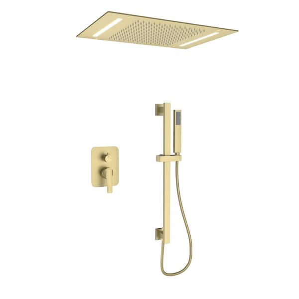 Single Handle 2-Spray Ceiling Mount 64-Color Mood Lighting Shower Faucet 2.5 GPM with Pressure Balance in Brushed Gold
