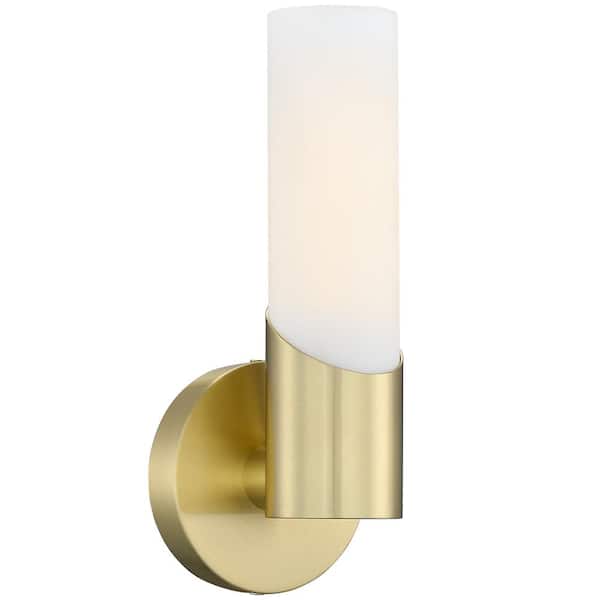 TRUE FINE 10.3 in. 1-Light Brass Modern/Contemporary ADA Bathroom Vanity Wall Sconce with White Opal Glass
