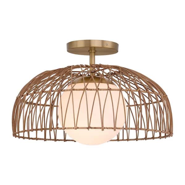 TUXEDO PARK LIGHTING 18 in. 1-Light Natural Brass Semi-Flush Mount Convertible Pendant Light with Natural Rattan and White Etched Glass