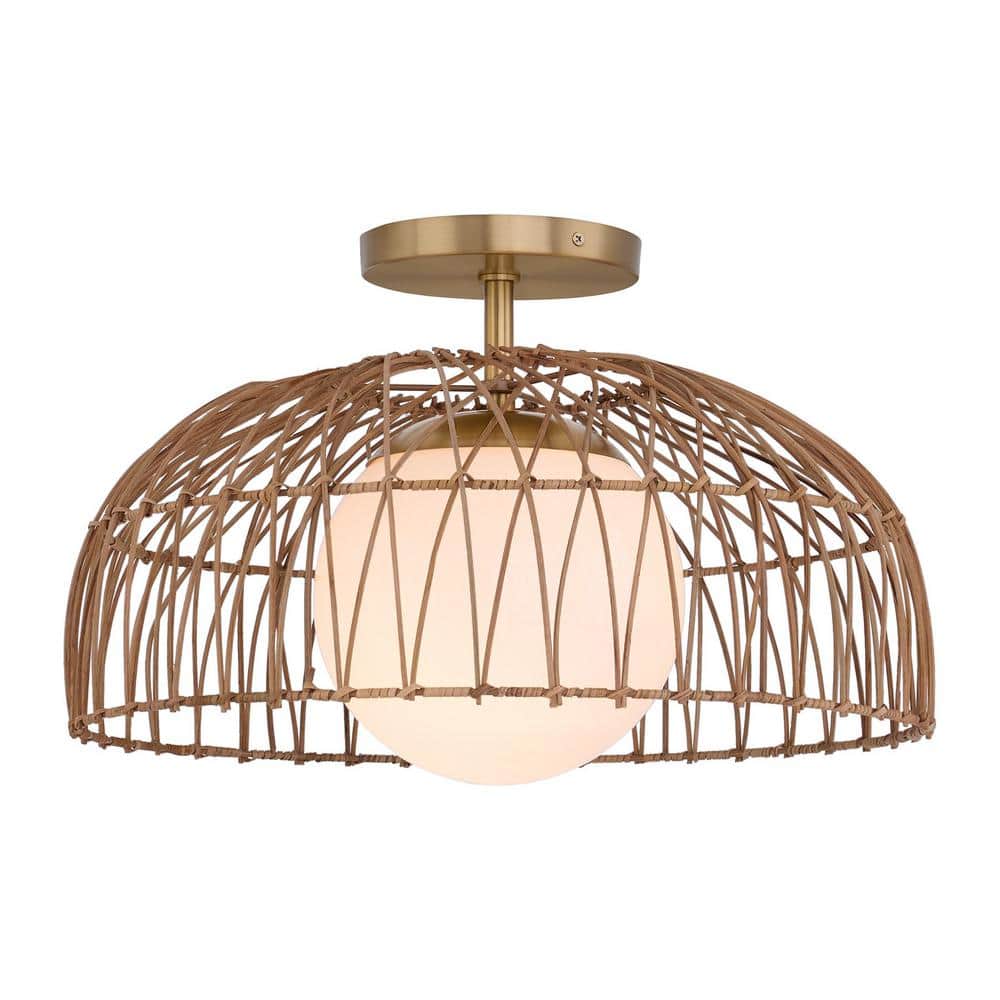 18 in. 1-Light Natural Brass Semi-Flush Mount Convertible Pendant Light with Natural Rattan and White Etched Glass price history on PriceWatchPro