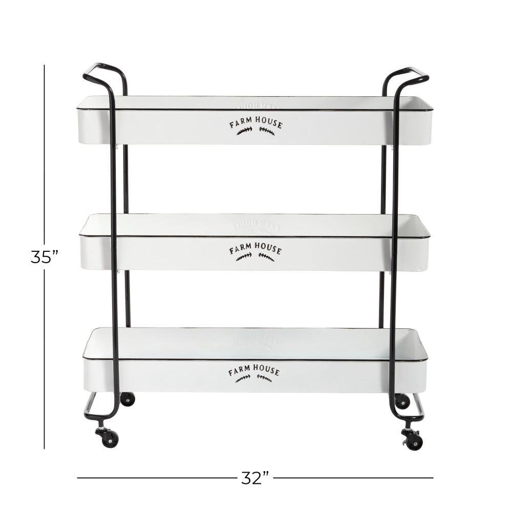 White Metal Rolling Utility Cart with Black Accents and Farmhouse Design