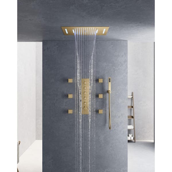 CRANACH 5-Spray 23 in. x 15 in. Ceiling Mount LED Music Shower Head Fixed and Handheld Shower Head 2.5 GPM in Brushed Gold