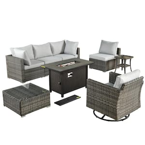 Sanibel Gray 8-Piece Wicker Outdoor Patio Conversation Sofa Sectional Set with a Metal Fire Pit and Light Gray Cushions