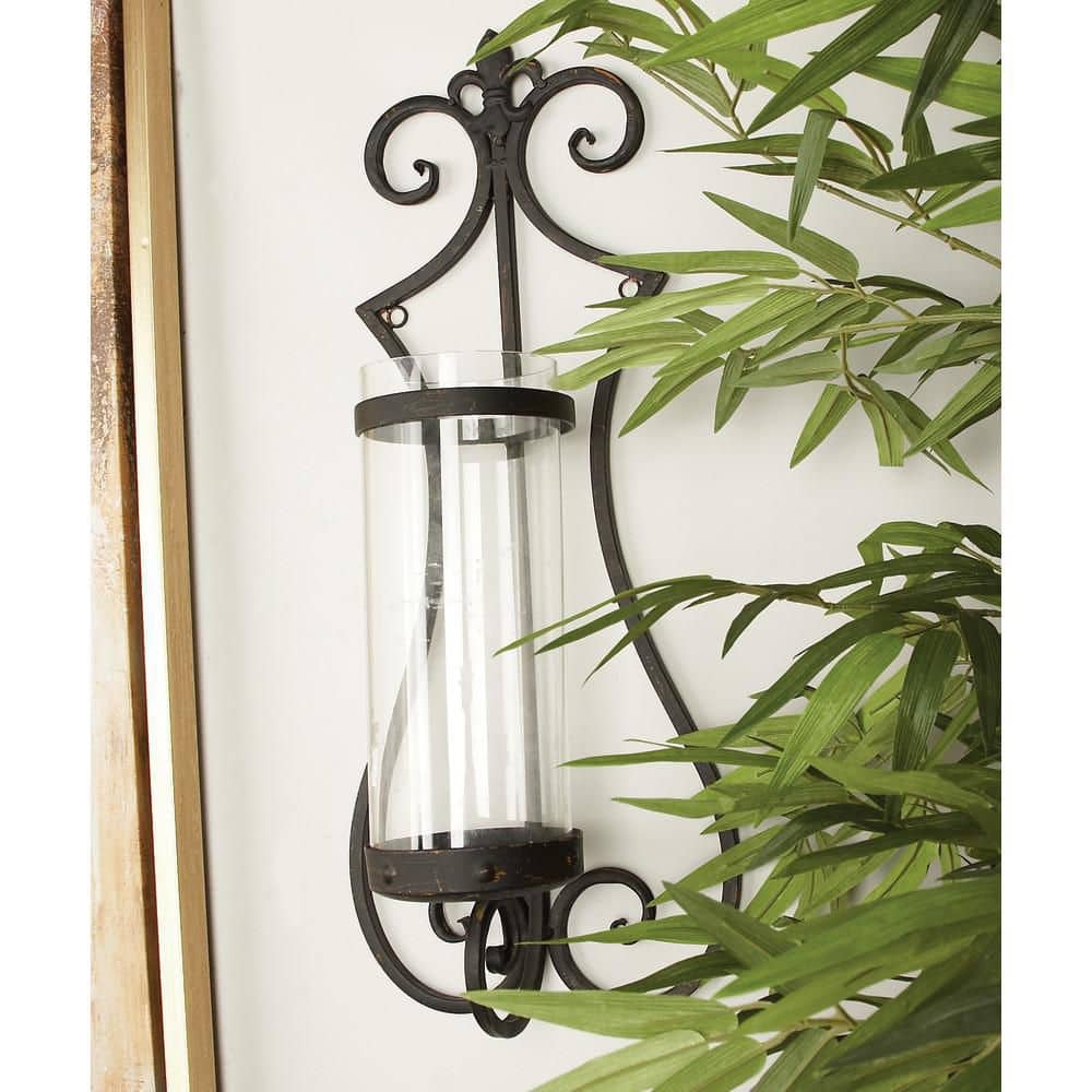 Elegant Black Metal Floral Wall Sconce with Glass Hurricane, 25"