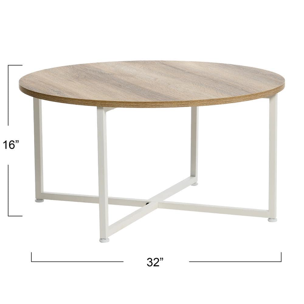 Round Coastal Oak and White Metal Coffee Table