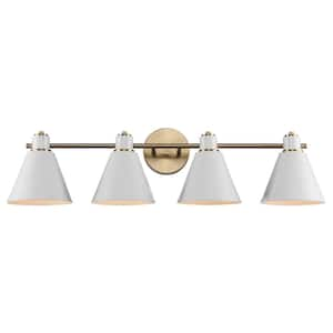 Forge 31.75 in. 4-Light White and Gold Bathroom Vanity Light Fixture with Metal Cone Shades