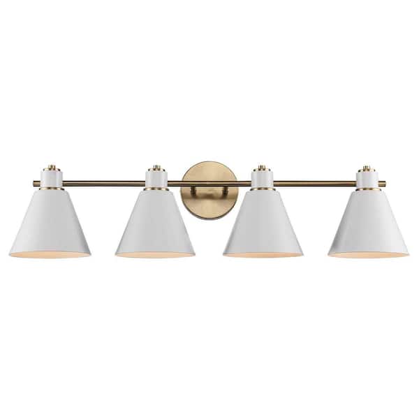 Bel Air Lighting Forge 31.75 in. 4-Light White and Gold Bathroom Vanity Light Fixture with Metal Cone Shades