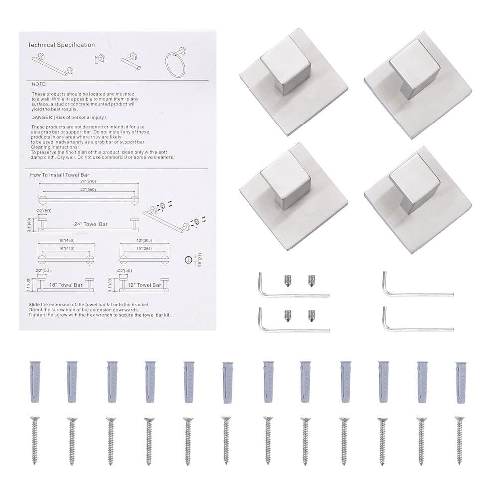Brushed Nickel Square Base Wall Mounted Towel Hooks, Set of 4