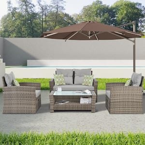 6-Piece Brown Wicker Patio Conversation Set with Gray Cushions, Tempered Glass Coffee Table