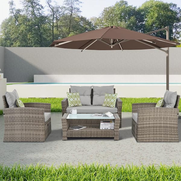 Tenleaf 6-Piece Brown Wicker Patio Conversation Set with Gray Cushions, Tempered Glass Coffee Table