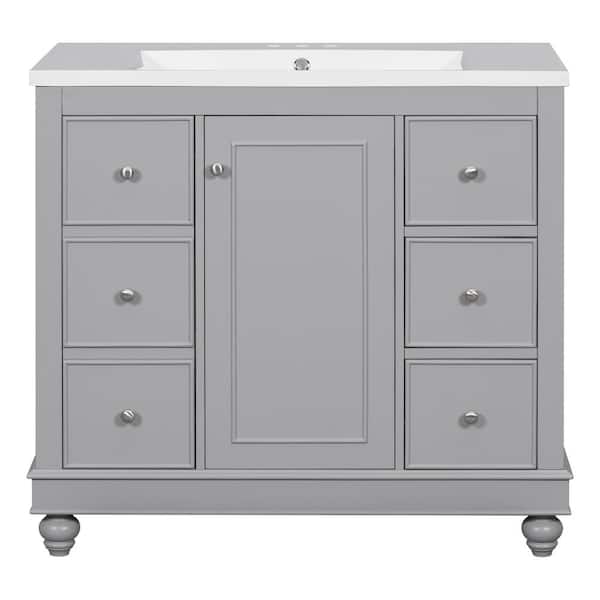 Polibi 36 in. W Single Sink Freestanding Bath Vanity in Gray with White Solid Surface Top, 4-Drawers and Adjustable Shelves