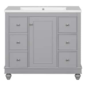 36 in. W Single Sink Freestanding Bath Vanity in Gray with White Solid Surface Top, 4-Drawers and Adjustable Shelves