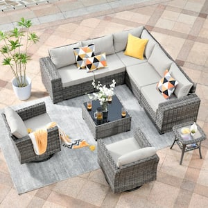 Crater Grey 9-Piece Wicker Wide-Plus Arm Patio Conversation Sofa Set with Swivel Rocking Chairs and Beige Cushions