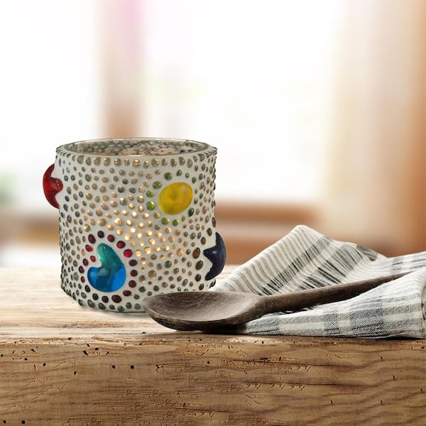 Dale Tiffany White Bead Star Cylinder Mosaic Art Glass Candle Votive Set (2-Pack)