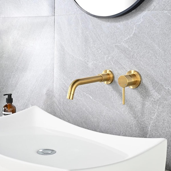 Swivel 8 in. Single Handle Wall Mounted Faucet with Flange and Rough-in Valve Bathroom Faucet in Gold