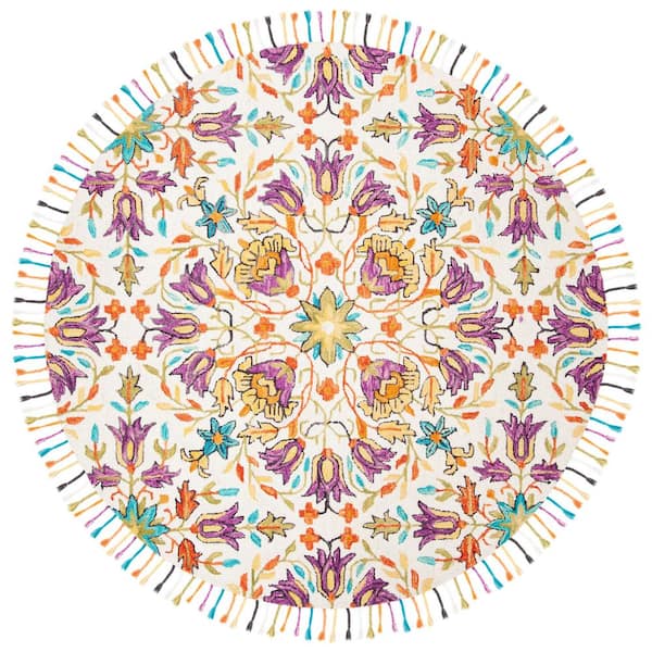 SAFAVIEH Aspen Ivory/Purple 7 ft. x 7 ft. Round Floral Area Rug