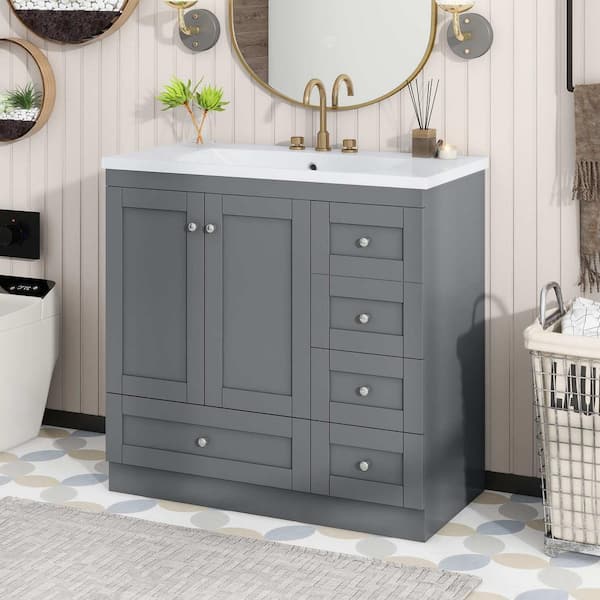 Polibi 35.8 in. W Single Sink Bath Vanity in Gray with White Solid Surface Top, 4 Soft-close Drawers and 2 Soft-Close Doors