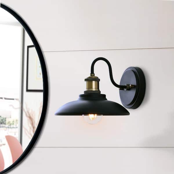 LANSEKI Naantali Industrial 1-Light Matte Black/Brushed Bronze Dimmable Wall Sconce with Metal Shade