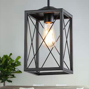1-Light Modern Black Kitchen Island Pendant Light with Metal Cage,Industrial Pendant for Cafe Bar Dining Table
