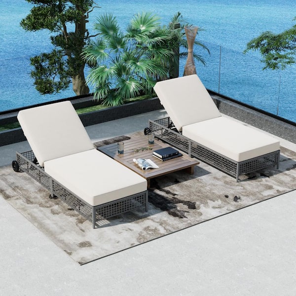 Unbranded Gray Wicker Outdoor Lounge Chair with Beige Cushions, Patio Chaise Lounge with 5-Position Backrest and Wheels (2-Pack)