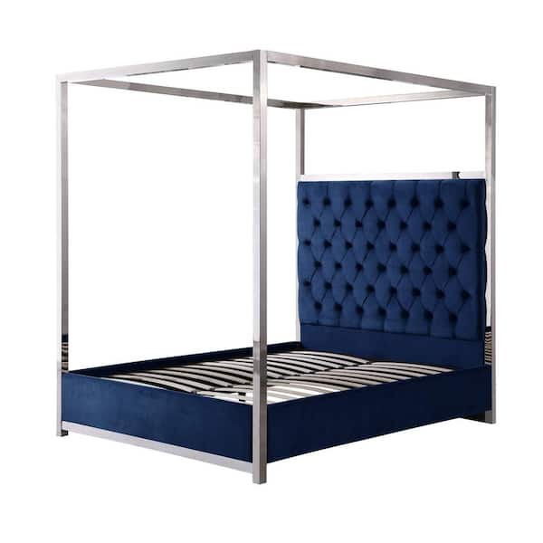 Best Master Furniture - Jeremy Velvet Blue Queen Canopy Bed