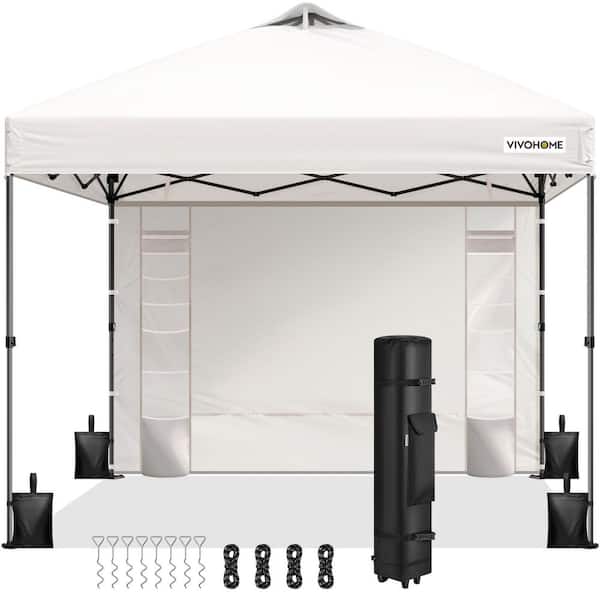 VIVOHOME 8 ft. x 8 ft. Outdoor Portable White Easy Setup Pop Up Canopy with Detachable Sidewall