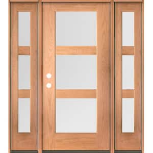 BRIGHTON Modern 64 in. x 80 in. 3-Lite Right-Hand/Inswing Satin Glass Teak Stain Fiberglass Prehung Front Door with DSL
