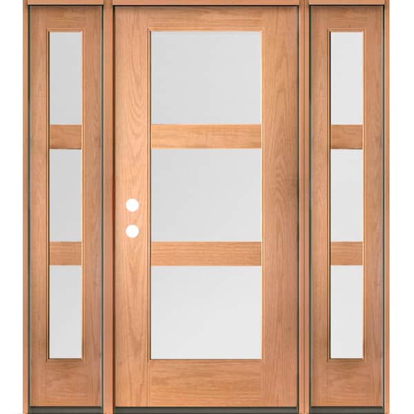 Krosswood Doors BRIGHTON Modern 64 in. x 80 in. 3-Lite Right-Hand/Inswing Satin Glass Teak Stain Fiberglass Prehung Front Door with DSL