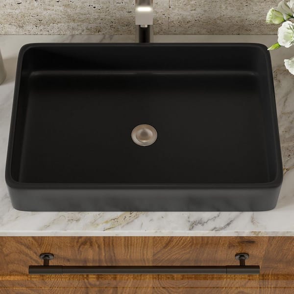 24 in. Vessel Rectangular Bathroom Sink in Black Ceramic