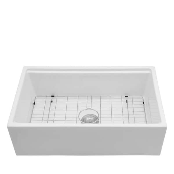30 in. Drop-In Single Bowl No Gauge Applicable White Ceramic Kitchen Sink and Bottom Grids