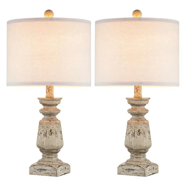 KAWOTI 22 in. Distressed Gray Farmhouse Resin Bedside Table and Lamp Set (Set of 2)