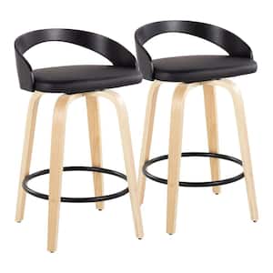 Grotto 25.25 in. Black Faux Leather, Black and Natural Wood, and Black Metal Fixed-Height Counter Stool (Set of 2)