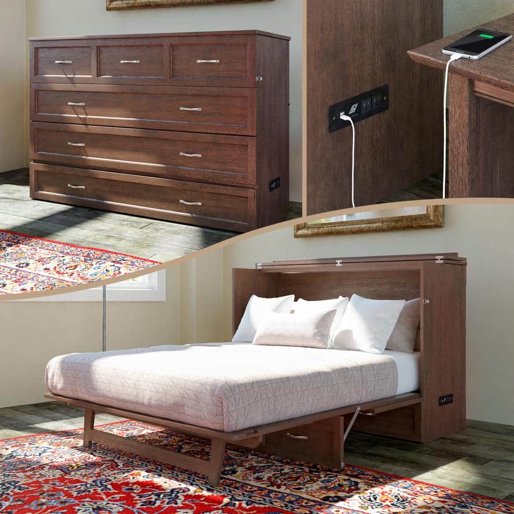 Deerfield Burnt Amber Wood Frame Queen Murphy Bed Chest with 6 in. Mattress, Storage Drawer and Built-in Charger