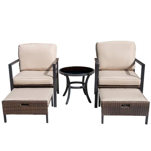 FORCLOVER Brown 5-Piece Wicker Patio Conversation Set with Beige Cushions and Side Table