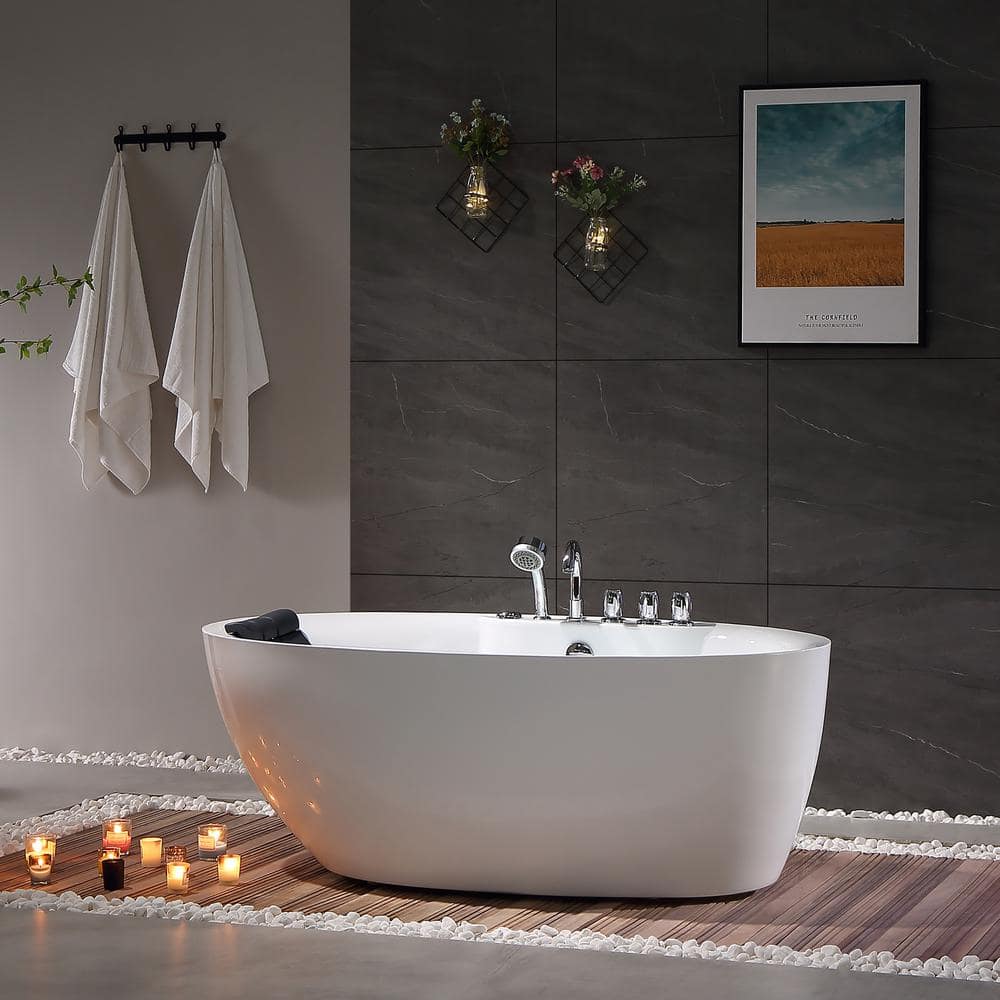 59" White Acrylic Freestanding Whirlpool Bathtub with Faucet