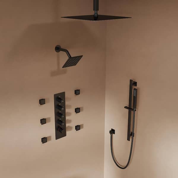 Dual 15-Spray Ceiling Mount 16 and 6 in. Fixed and Handheld Shower Head 2.5 GPM in Matte Black Valve Included