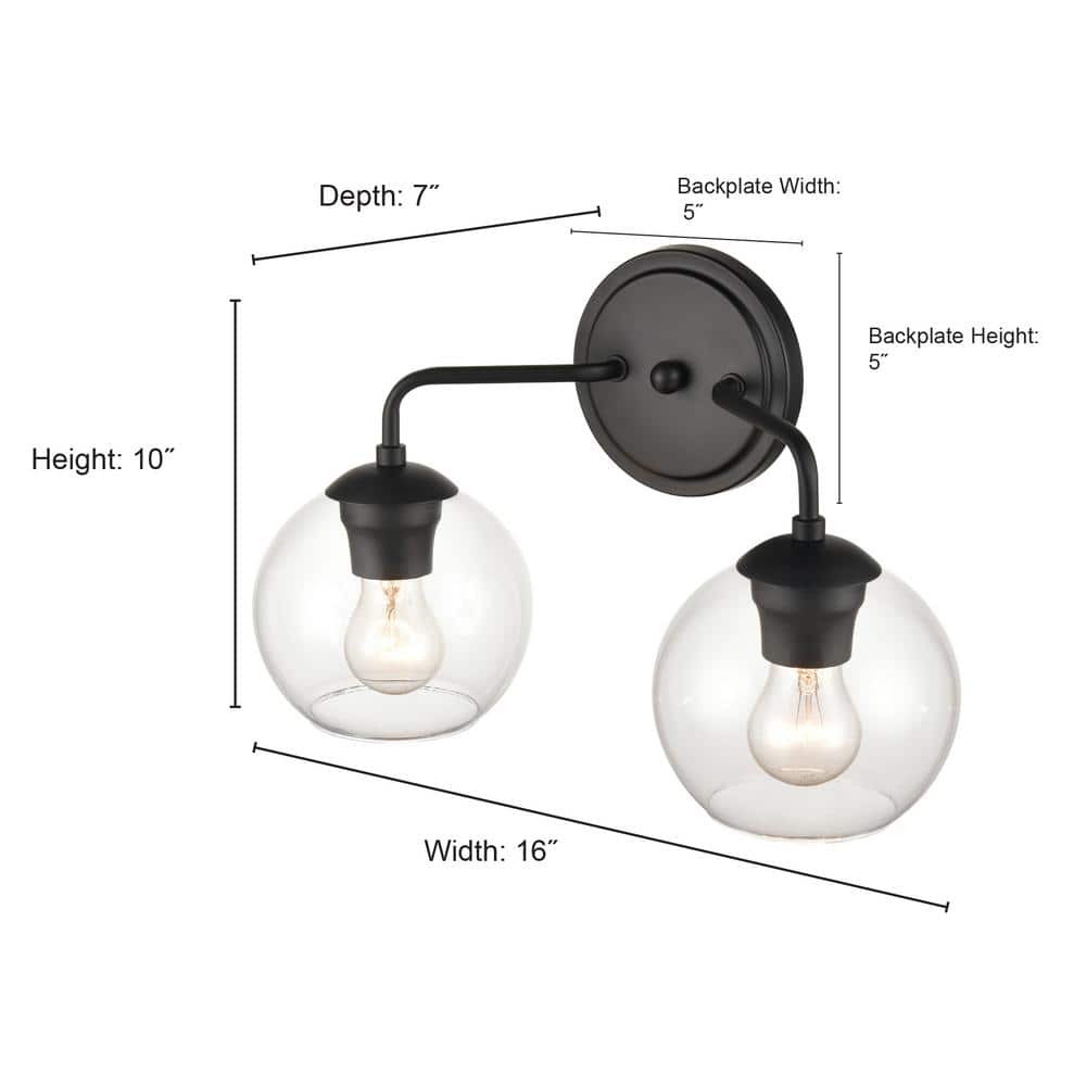 Matte Black Glass Globe 2-Light Vanity Fixture