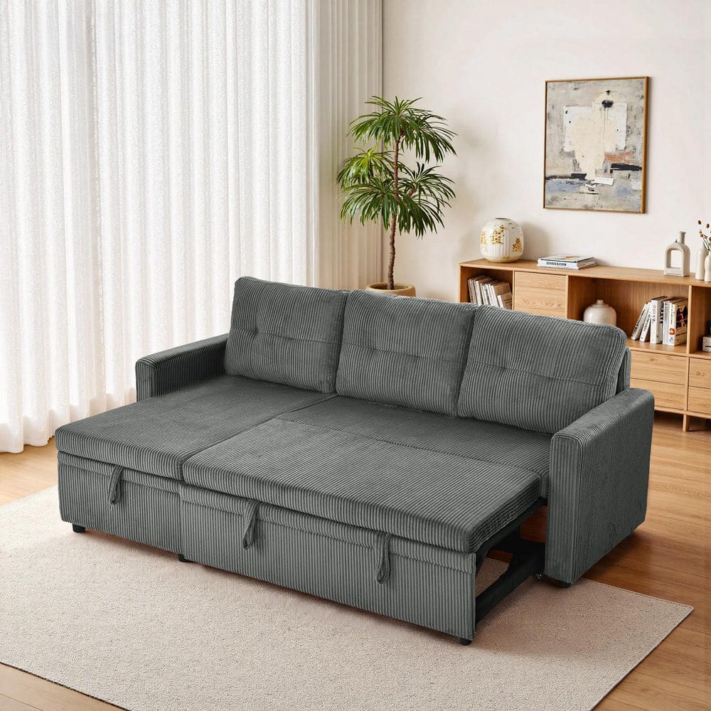 79.13 in. Square Arm 2-Piece Corduroy Convertible Pull Out Sleeper L-Shaped Sectional Sofa in Gray with Storage Chaise