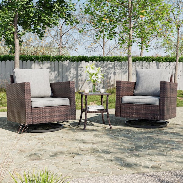 Sonkuki 3-Piece Brown Wicker Outdoor Swivel Rocking Chairs