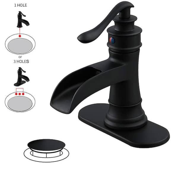 BWE 1.2 GPM Waterfall Single Hole Single-Handle Low-Arc Bathroom Faucet Water-Saving Vanity With Drain Kit In Matte Black