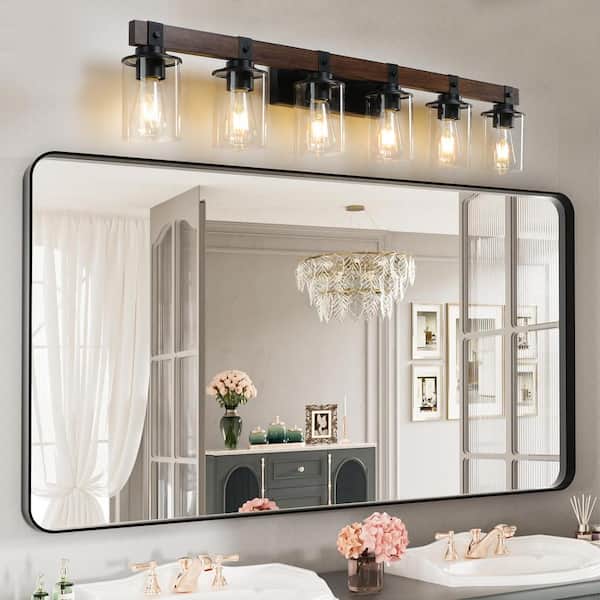 Magic Home 42.3 in. 6-Light Walnut+black Farmhouse Vanity Light with Clear Glass Shades (Bulbs Not Included)