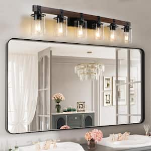 42.3 in. 6-Light Walnut+black Farmhouse Vanity Light with Clear Glass Shades (Bulbs Not Included)