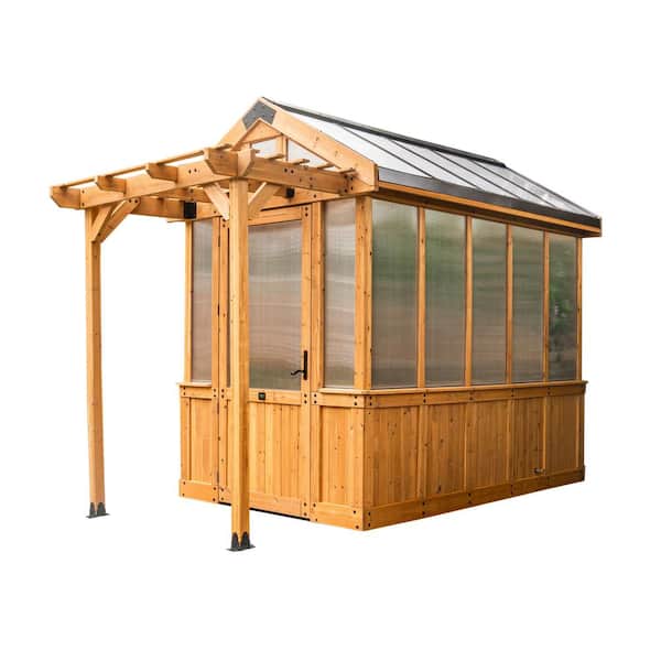 Bellerose 6 ft. W x 12.3ft. L x 9.3 ft. H Cedar Wood and Polycarbonate Light Brown Walk-In Outdoor Greenhouse w/ Pergola